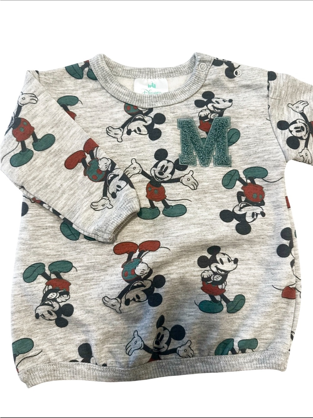 Disney Gray Mickey Allover Print Sweatshirt with Green & Red Accents